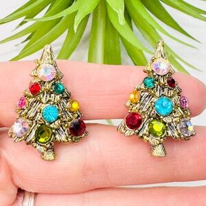 Vintage Unsigned Hollycraft Multicolor Christmas Tree Gold Tone Clip On Earrings